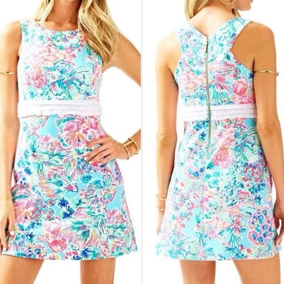 Lilly Pulitzer Dresses & Skirts - Lilly Pulitzer Sz XS Serene Blue Gypsea Preppy Tropical Arden Fringe Shift Dress